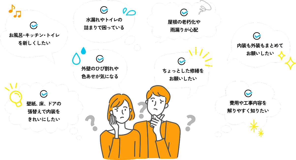 お風呂・キッチン・トイレを新しくしたい / 水漏れやトイレの詰まりで困っている / 屋根の老朽化や雨漏りが心配 / 内装も外装もまとめてお願いしたい / 壁紙、床、ドアの張替えで内装を
きれいにしたい / 外壁のひび割れや色あせが気になる / ちょっとした修繕をお願いしたい / 費用や工事内容を解りやすく知りたい
